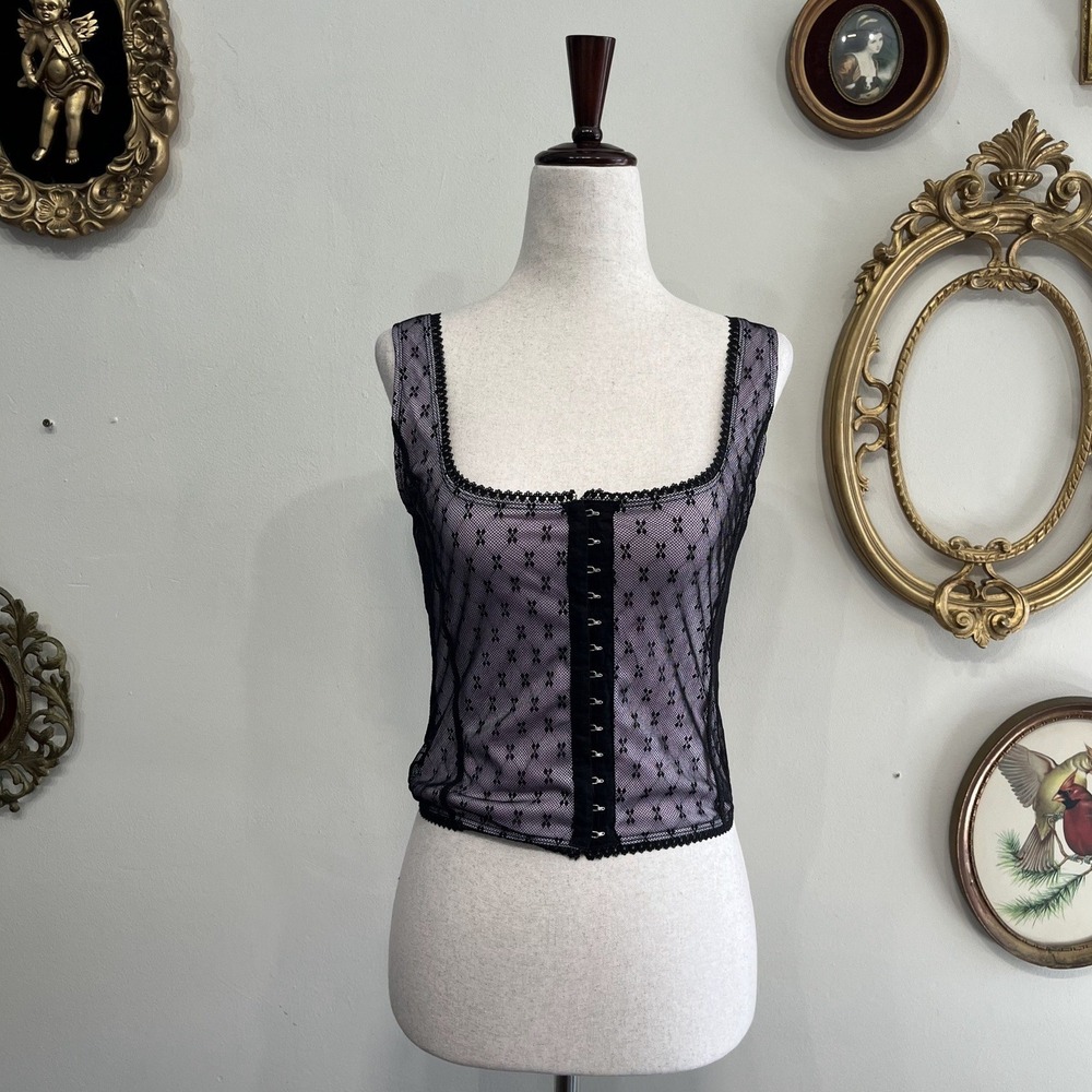 UNIF Hook and Eye Mesh Corset Tank Top Black Pink Size Medium